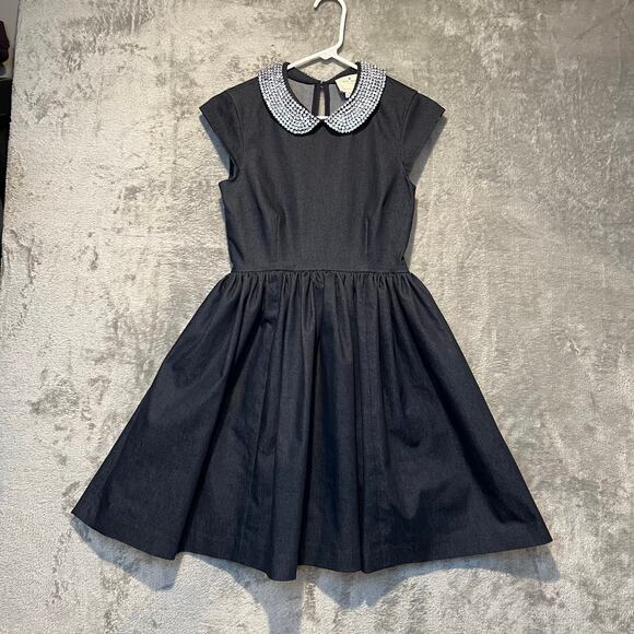 Kate Spade Kimberly Peter Pan Rhinestone Crystal Collar Denim Dress Sz 0 Elegant - Picture 1 of 8